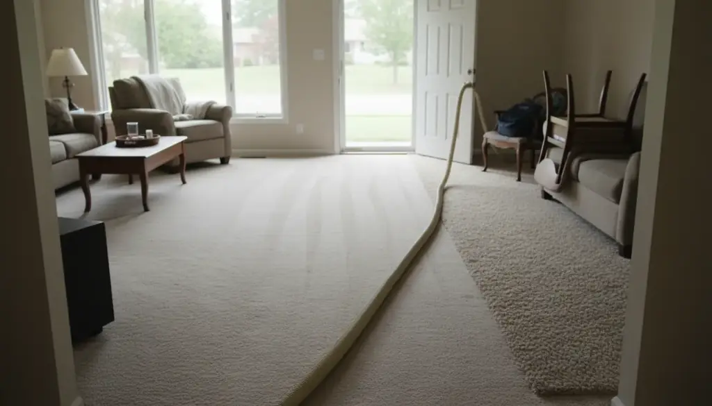 Living room carpet part way through a clean, one freshly groomed lane beside untouched pile