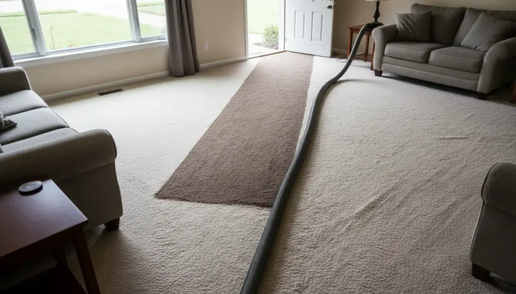 Carpet with a distinctly different coloured section running through it before colour matching