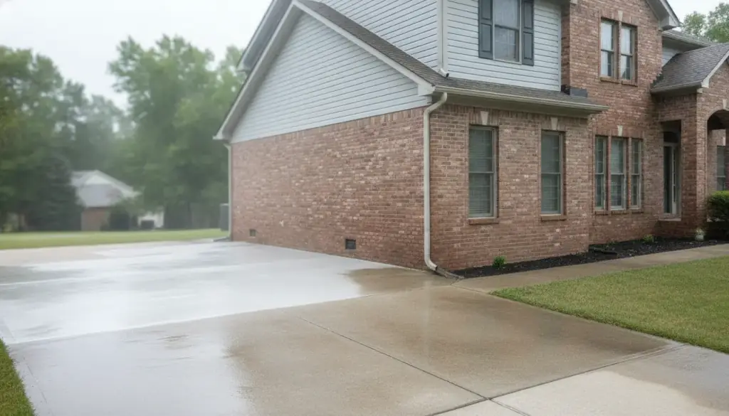 Residential driveway part way through a wash, clean concrete beside weathered grey