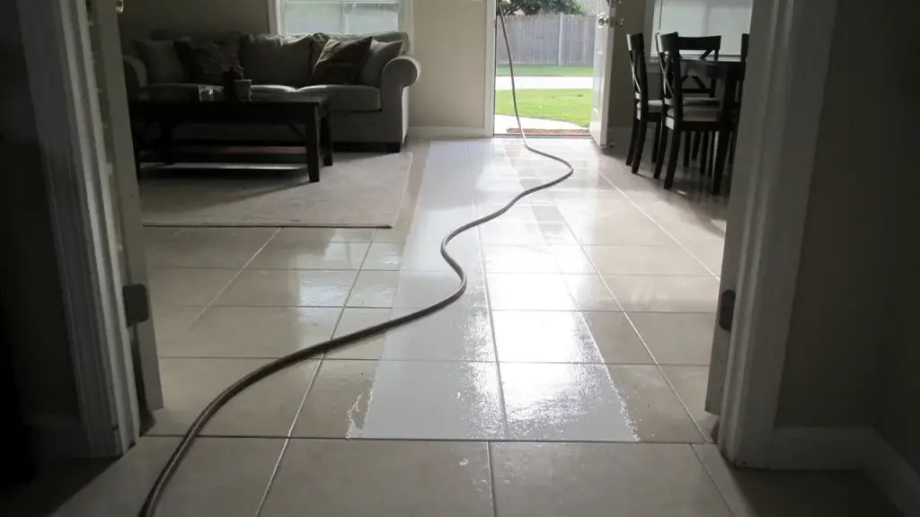 Tile floor mid-clean, a washed strip running through the dulled tile beside it