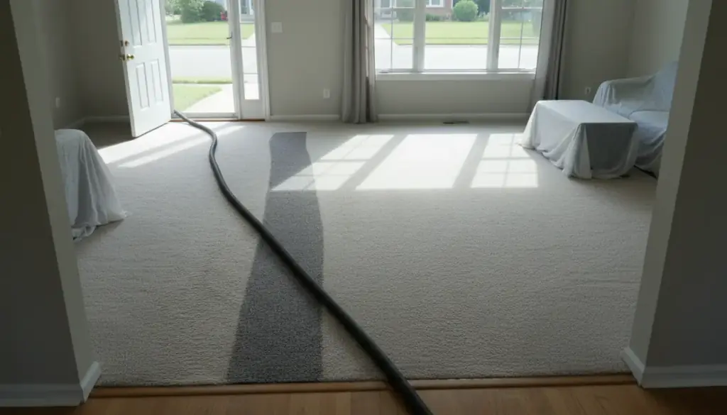 Carpeted room with a darkened damp band spreading across the floor